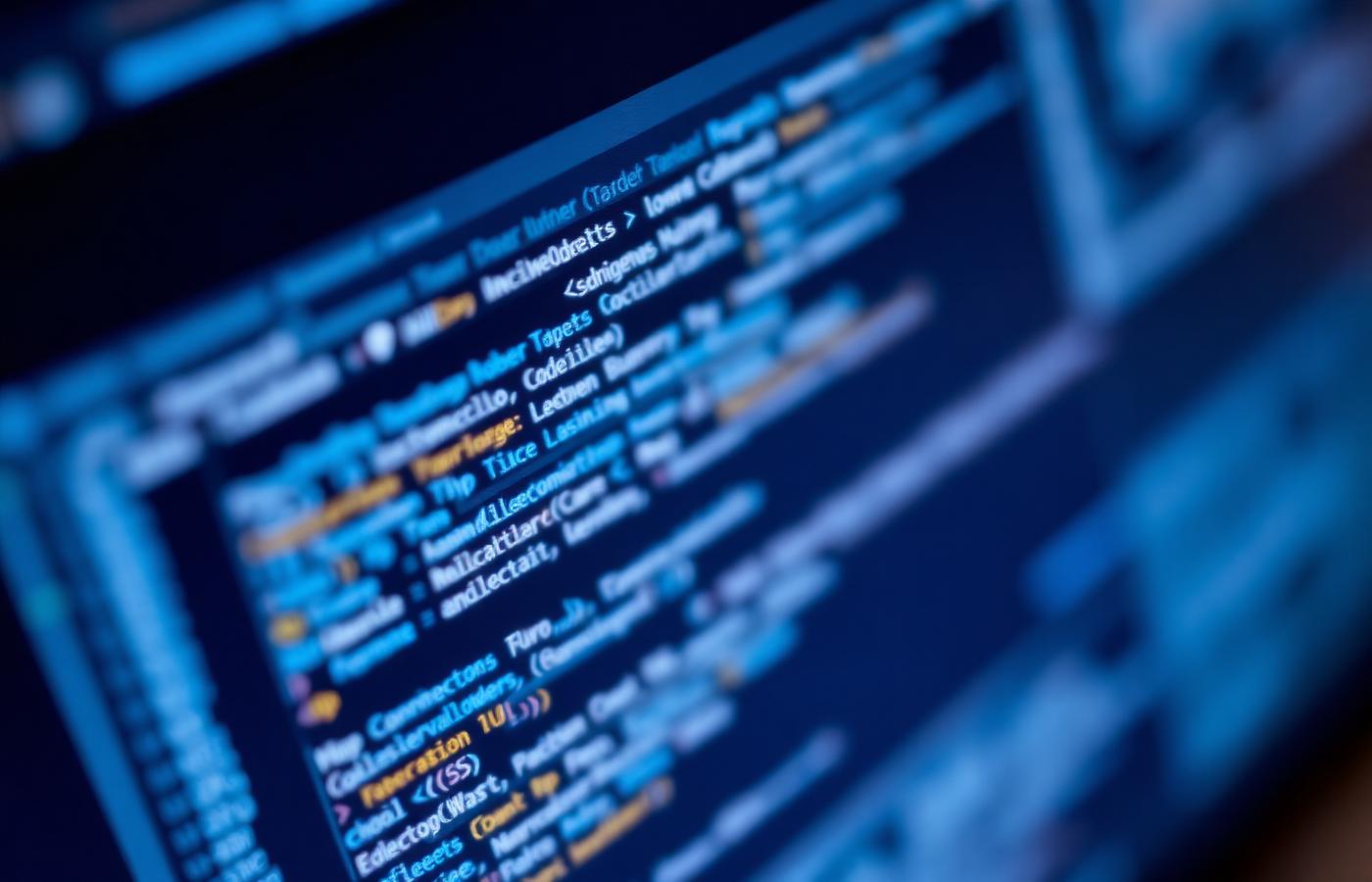 Blue-lit editor showing custom application source code