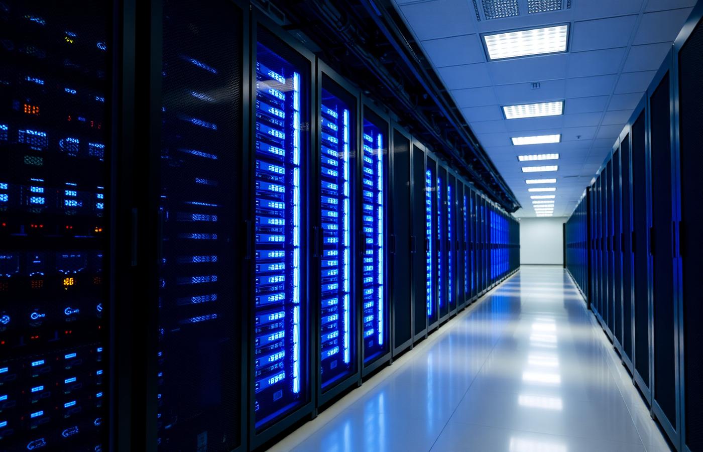 Illuminated server aisle in a modern data centre